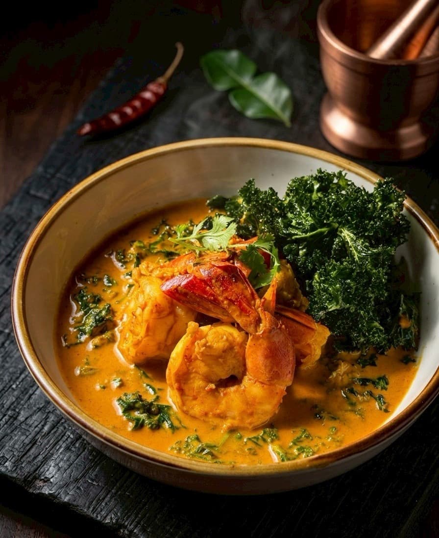 Kaeng Khua curry with tiger prawn and crispy kale — Kruathai Atlanta