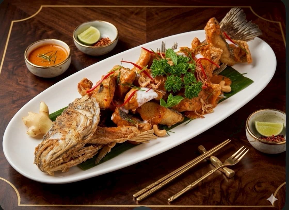 Whole crispy snapper with three-flavor sauce — Kruathai Atlanta