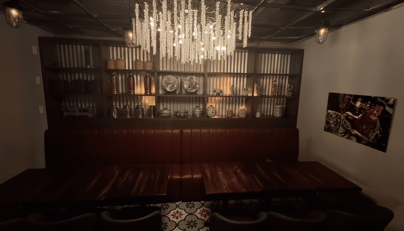 Banquette seating with Thai pottery and a crystal chandelier