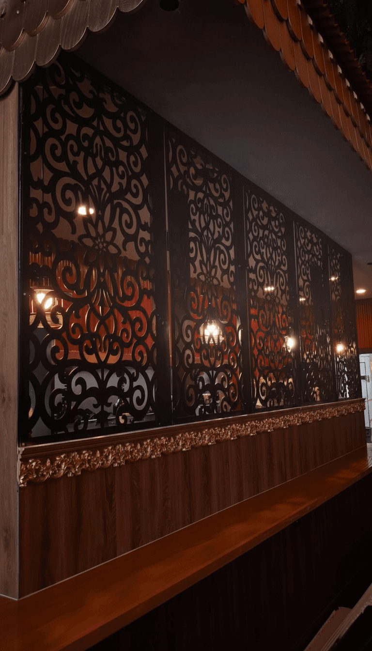 Laser-cut Thai panels and warm lighting in the dining room