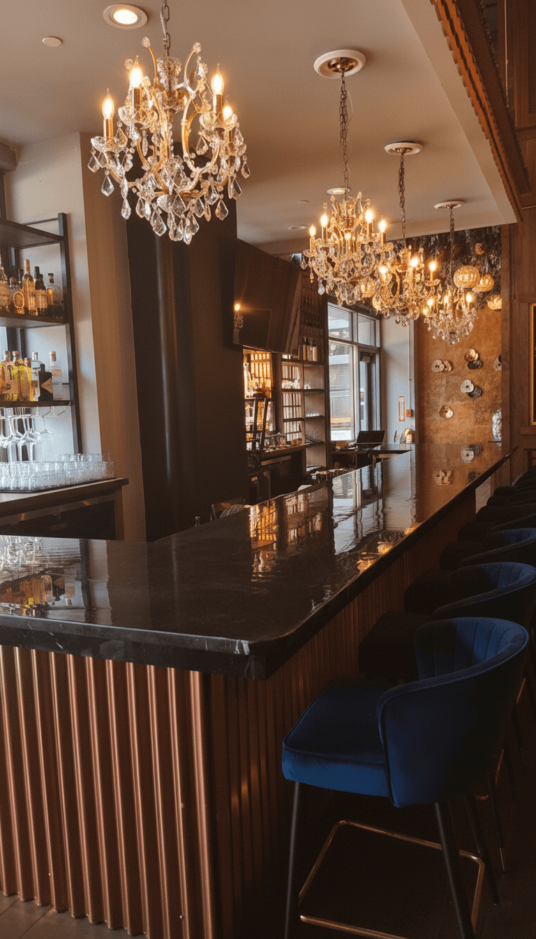 The marble bar at Kruathai Atlanta with crystal chandeliers and blue velvet seating